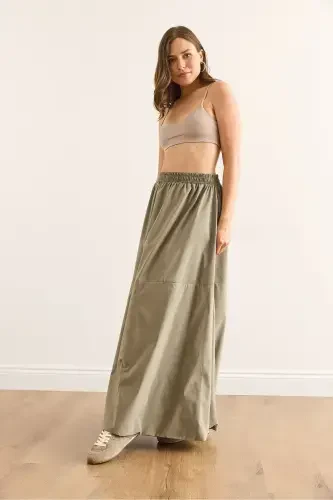 Women's Khaki Elastic Waist Maxi Balloon Parachute Bell Skirt - 5