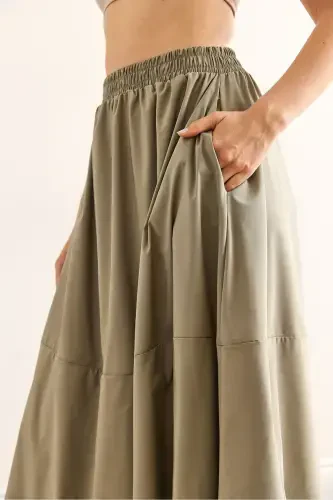 Women's Khaki Elastic Waist Maxi Balloon Parachute Bell Skirt - 6