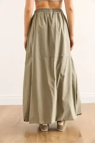 Women's Khaki Elastic Waist Maxi Balloon Parachute Bell Skirt - 7