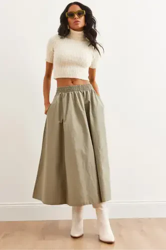 Women's Khaki Elastic Waist Parachute Bell Skirt ETK-1900 - 1