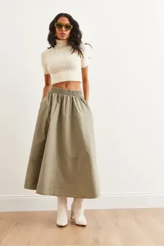 Women's Khaki Elastic Waist Parachute Bell Skirt ETK-1900 - OLALOOK (1)