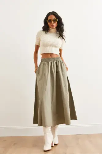 Women's Khaki Elastic Waist Parachute Bell Skirt ETK-1900 - 3