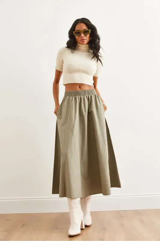 Women's Khaki Elastic Waist Parachute Bell Skirt ETK-1900 - 3