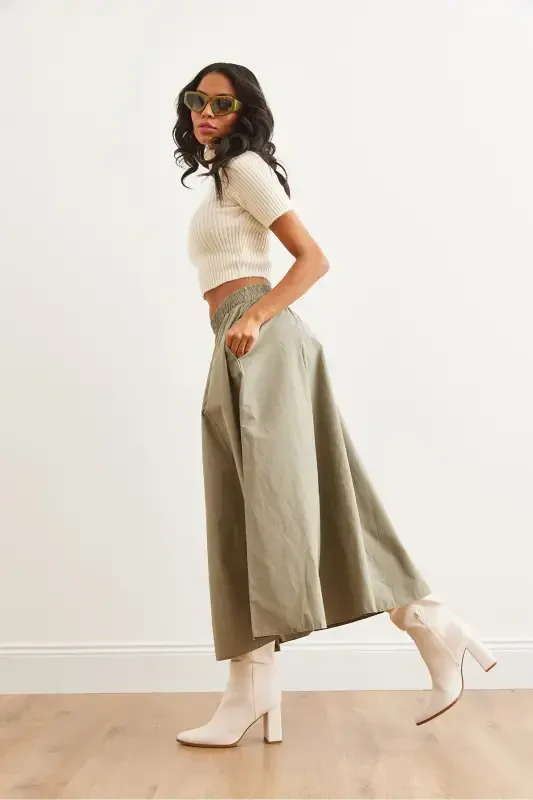 Women's Khaki Elastic Waist Parachute Bell Skirt ETK-1900 - 4