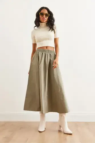 Women's Khaki Elastic Waist Parachute Bell Skirt ETK-1900 - 5