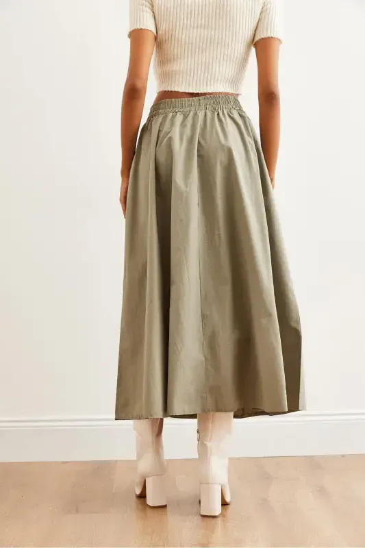 Women's Khaki Elastic Waist Parachute Bell Skirt ETK-1900 - 6