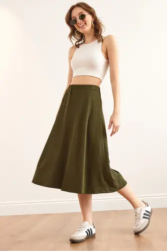Women's Khaki Elastic Waist Pleated Knit Skirt ETK-19000258-Khaki - 1