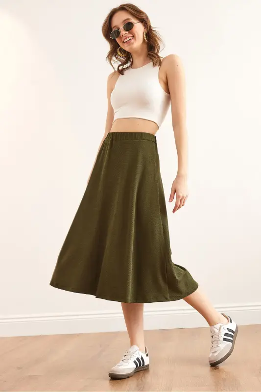 Women's Khaki Elastic Waist Pleated Knit Skirt ETK-19000258-Khaki - 1