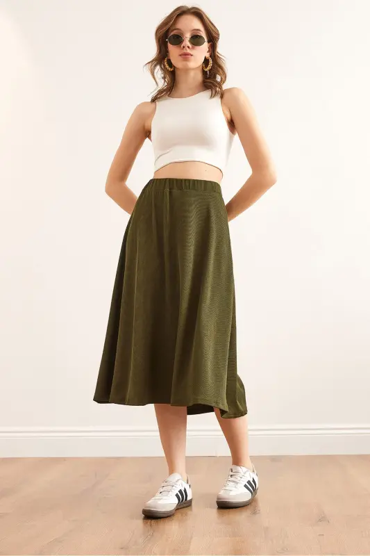 Women's Khaki Elastic Waist Pleated Knit Skirt ETK-19000258-Khaki - 2