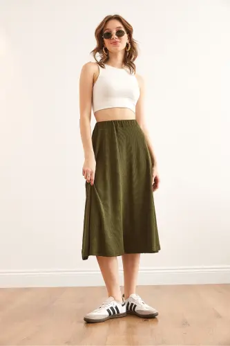 Women's Khaki Elastic Waist Pleated Knit Skirt ETK-19000258-Khaki - 4