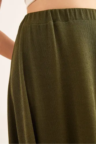 Women's Khaki Elastic Waist Pleated Knit Skirt ETK-19000258-Khaki - 6