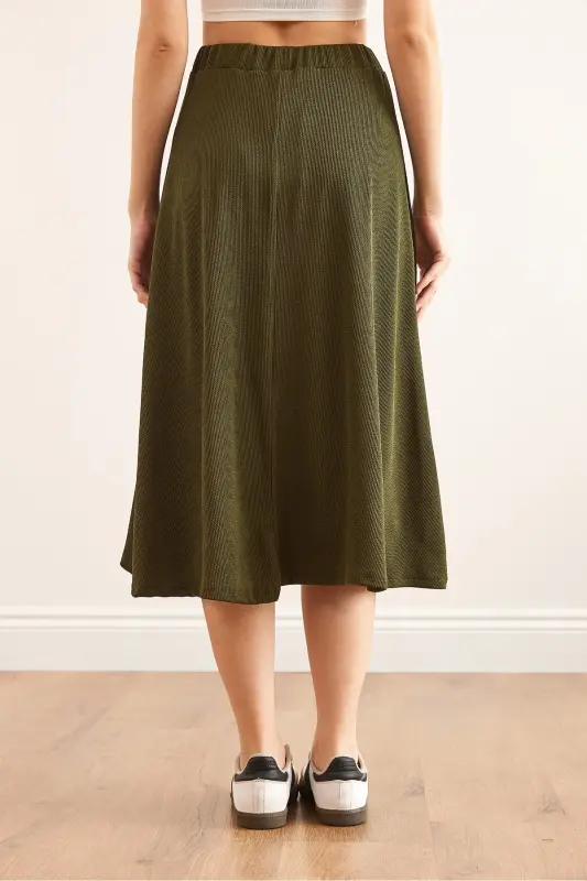Women's Khaki Elastic Waist Pleated Knit Skirt ETK-19000258-Khaki - 7