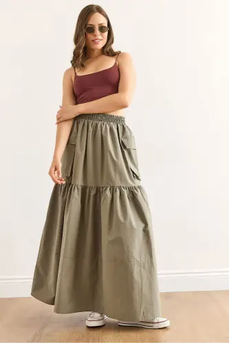 Women's Khaki Elastic Waist Pocketed Maxi Parachute Skirt 