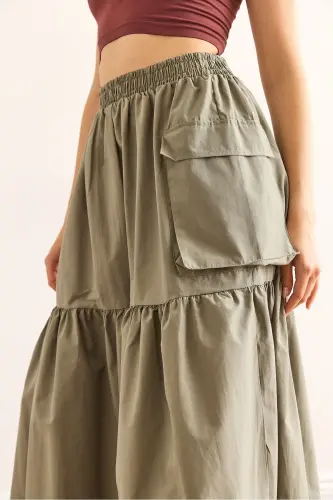 Women's Khaki Elastic Waist Pocketed Maxi Parachute Skirt - 5