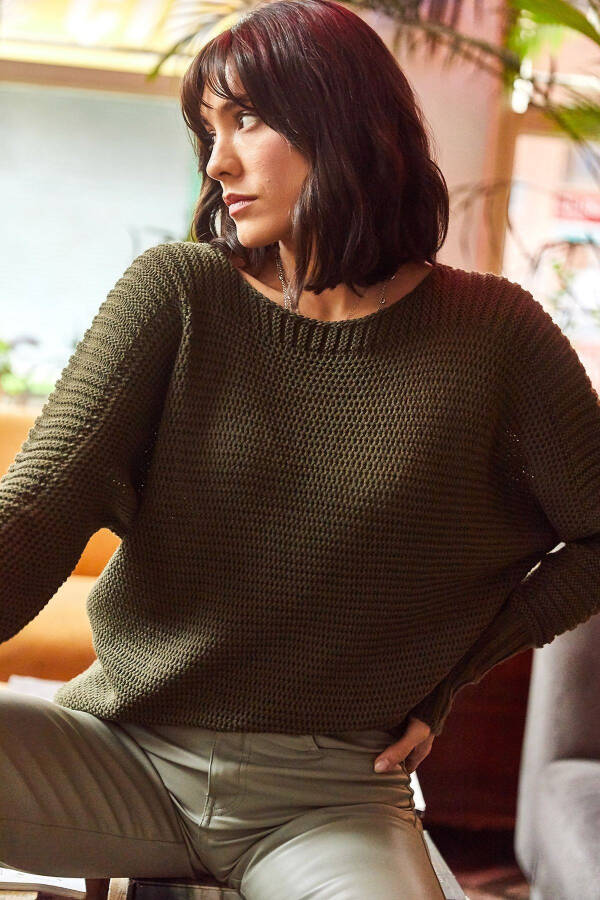 Women's Khaki Elbow Detailed Honeycomb Knit Sweater - 3