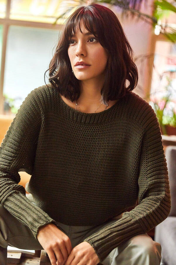 Women's Khaki Elbow Detailed Honeycomb Knit Sweater - 4