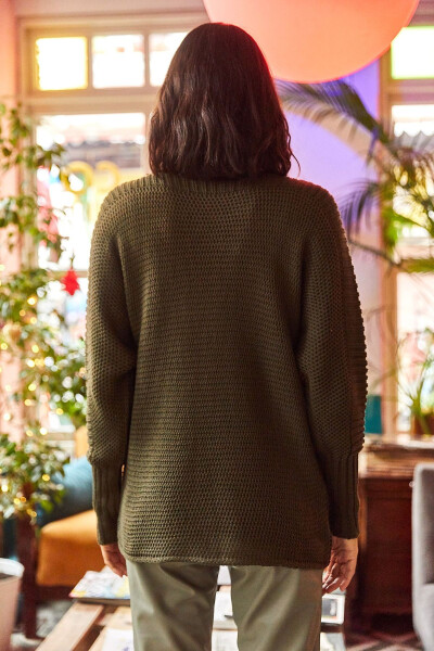 Women's Khaki Elbow Detailed Honeycomb Knit Sweater - 5