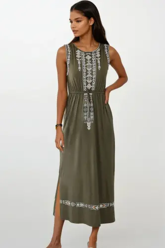 Women's Khaki Embroidered Print Bohemian Dress ALC-6564-KHAKI - 4
