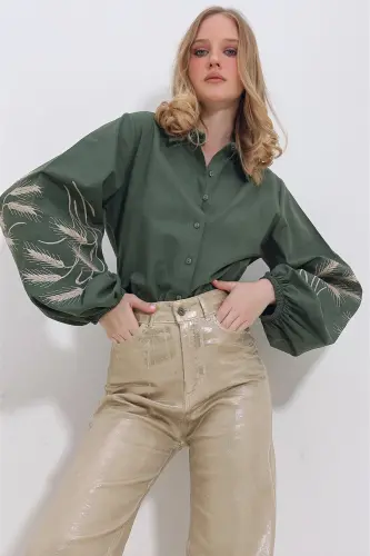 Women's Khaki Embroidered Sleeve Poplin Woven Shirt ALC-X11374-KHAKI - TREND ALAÇATI STILI (1)