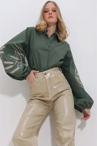 Women's Khaki Embroidered Sleeve Poplin Woven Shirt ALC-X11374-KHAKI - 3