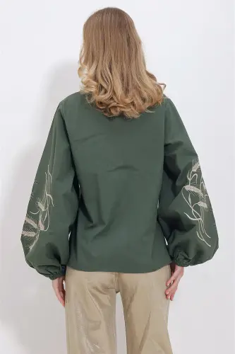 Women's Khaki Embroidered Sleeve Poplin Woven Shirt ALC-X11374-KHAKI - 4