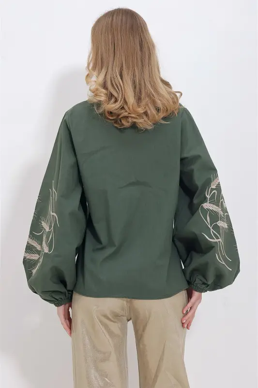Women's Khaki Embroidered Sleeve Poplin Woven Shirt ALC-X11374-KHAKI - 4