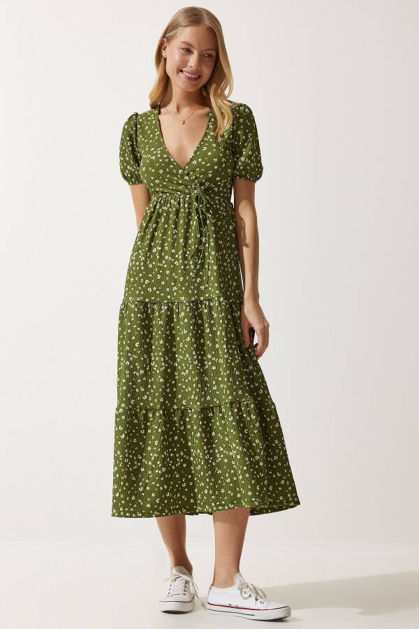 Women's Khaki Envelope Collar Patterned Summer Knit Dress UB00267 - 1