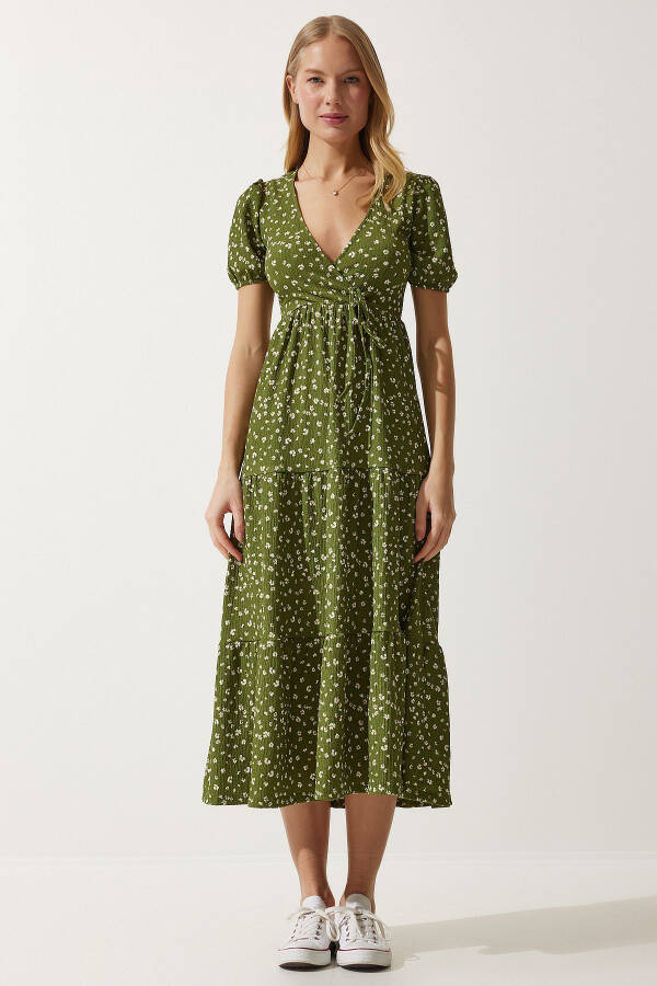 Women's Khaki Envelope Collar Patterned Summer Knit Dress UB00267 - 3