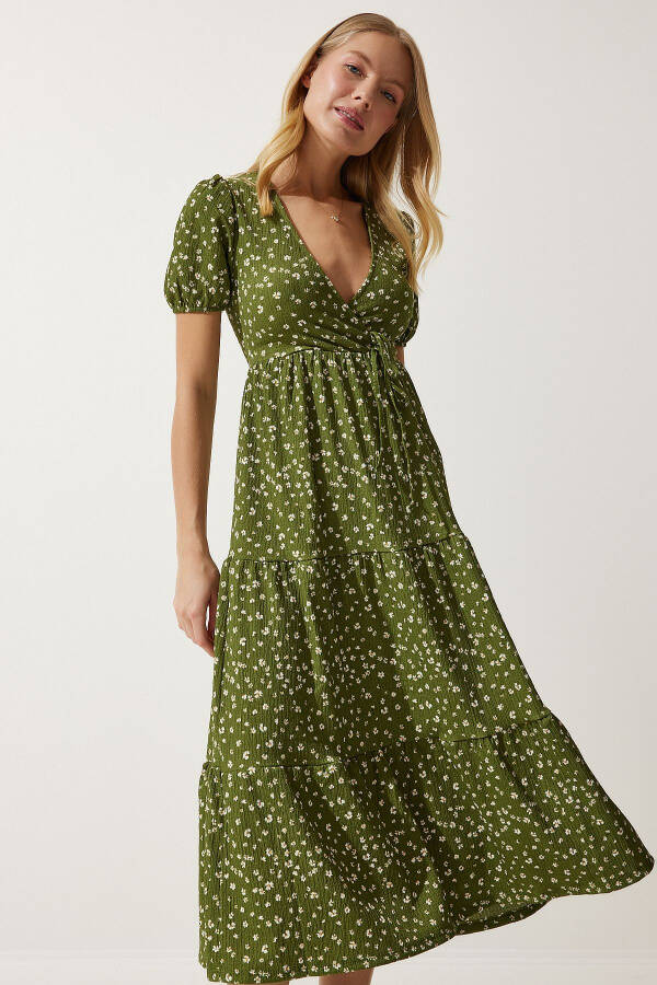 Women's Khaki Envelope Collar Patterned Summer Knit Dress UB00267 - 4