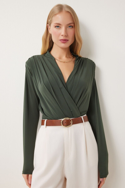 Women's Khaki Envelope Neck Padded Snap Button Sandy Blouse ZH00039 