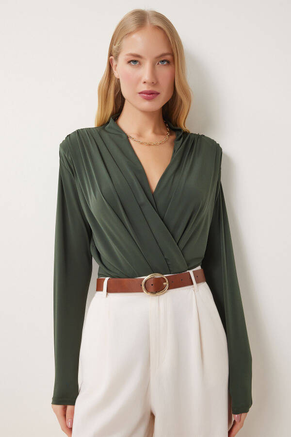 Women's Khaki Envelope Neck Padded Snap Button Sandy Blouse ZH00039 - 1