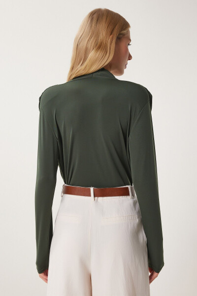 Women's Khaki Envelope Neck Padded Snap Button Sandy Blouse ZH00039 - 4