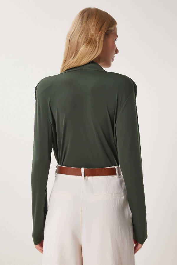 Women's Khaki Envelope Neck Padded Snap Button Sandy Blouse ZH00039 - 4