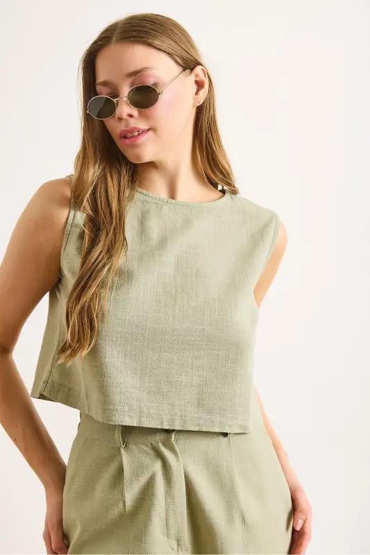 Women's Khaki Flame Linen Crop Blouse BLZ-19002925-Khaki - OLALOOK