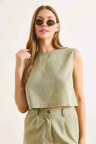 Women's Khaki Flame Linen Crop Blouse BLZ-19002925-Khaki - OLALOOK (1)