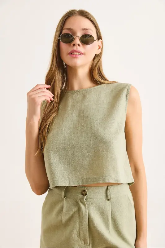 Women's Khaki Flame Linen Crop Blouse BLZ-19002925-Khaki - 2