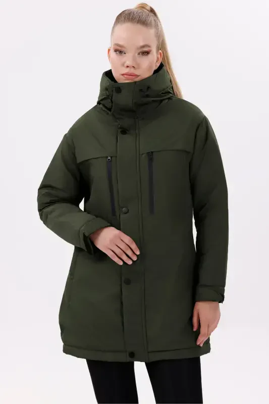 Women's Khaki Fleece Lined Water and Windproof Hooded Winter Coat & Jacket & Parka-Khaki - FREEMEN