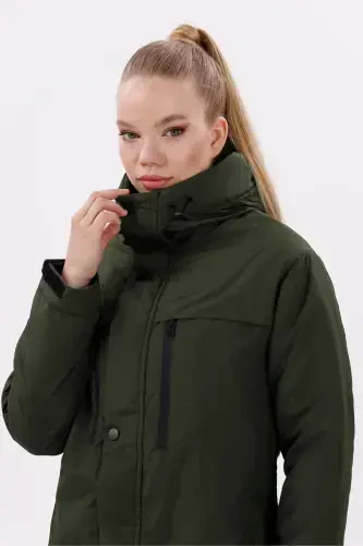 Women's Khaki Fleece Lined Water and Windproof Hooded Winter Coat & Jacket & Parka-Khaki - FREEMEN (1)