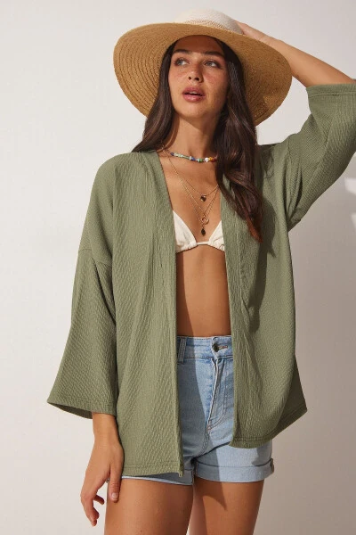 Women's Khaki Folded Collar Textured Seasonal Jacket DD01064 - 1