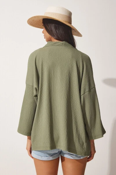 Women's Khaki Folded Collar Textured Seasonal Jacket DD01064 - 3