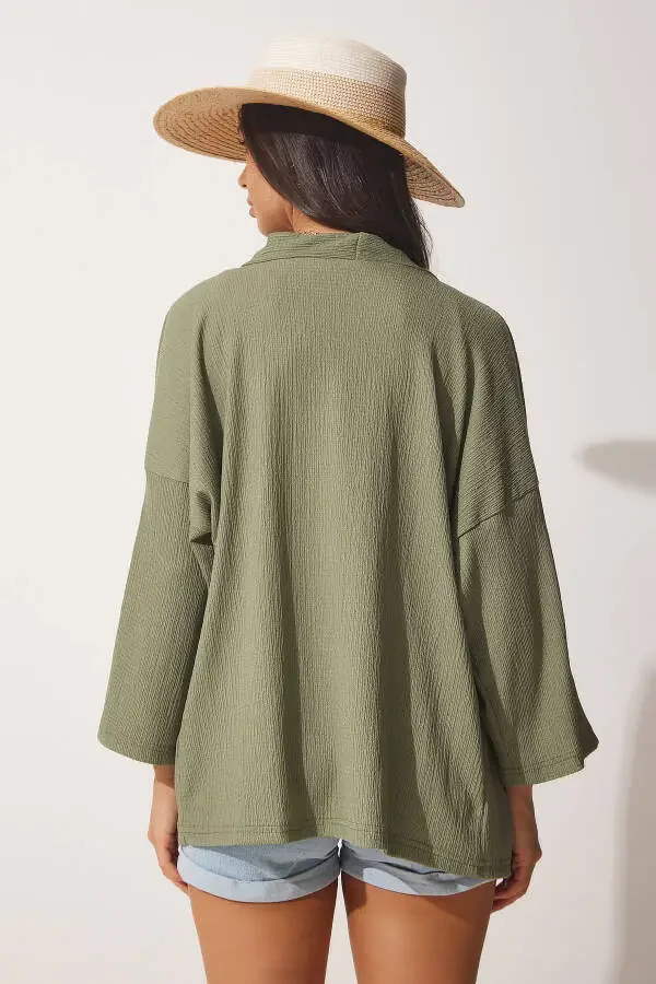 Women's Khaki Folded Collar Textured Seasonal Jacket DD01064 - 3