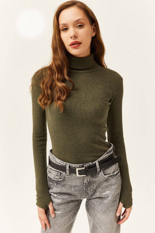 Women's Khaki Henley Neck Finger Detail Stretch Blouse BLZ-19001644 - 1