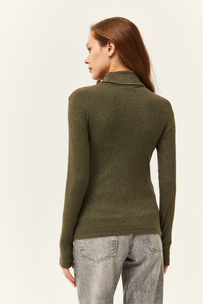 Women's Khaki Henley Neck Finger Detail Stretch Blouse BLZ-19001644 - 2