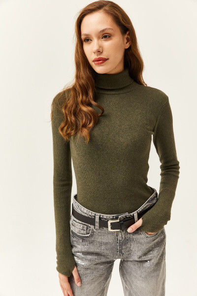 Women's Khaki Henley Neck Finger Detail Stretch Blouse BLZ-19001644 - 3