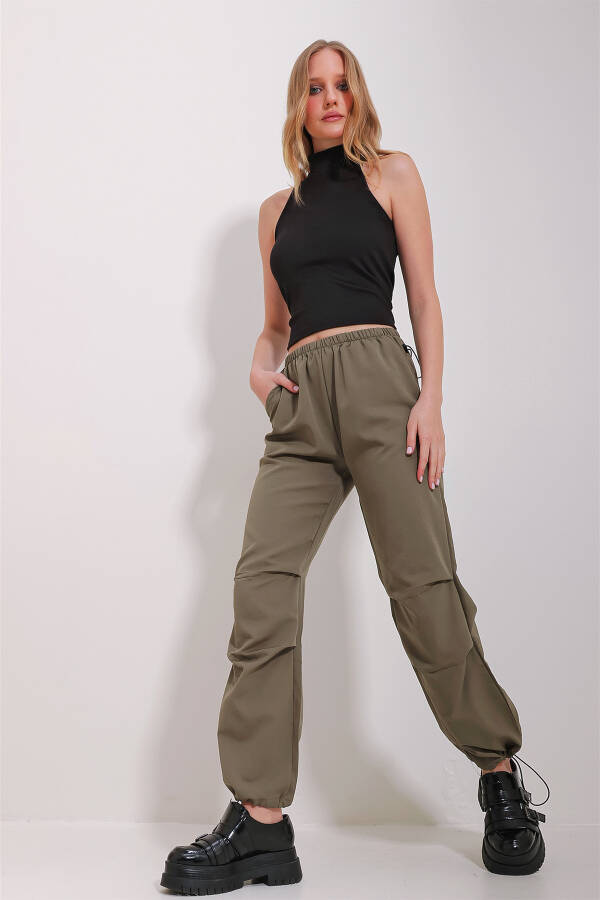 Women's Khaki High Waist Elastic Waistband Double Pocket Parachute Fabric Jogging Pants ALC-X9980 - 1