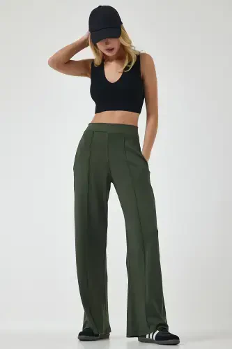 Women's Khaki High Waist Flexible Tracksuit Bottoms BF00030-Khaki - 1