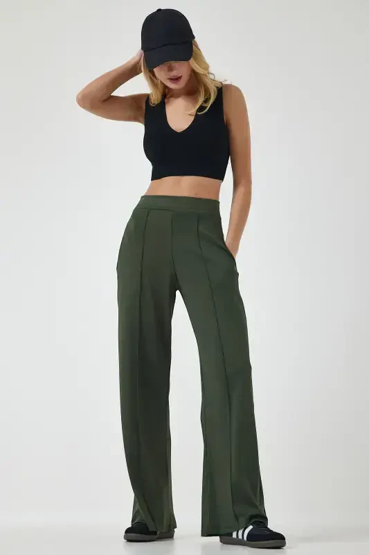 Women's Khaki High Waist Flexible Tracksuit Bottoms BF00030-Khaki - 1