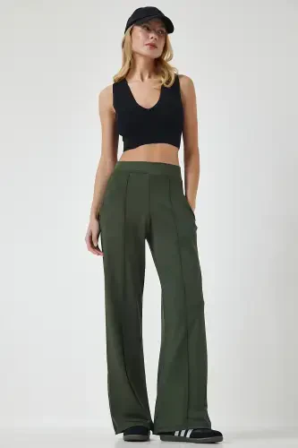 Women's Khaki High Waist Flexible Tracksuit Bottoms BF00030-Khaki - 2