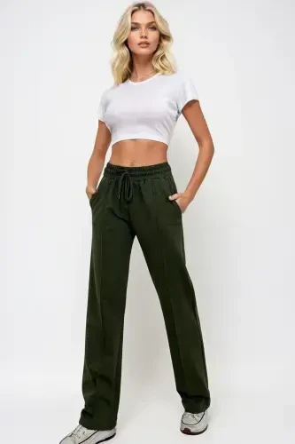 Women's Khaki High Waist Pin-Tuck Front Wide Leg Double Pocket Sweatpants ALC-X7957-Khaki - 1