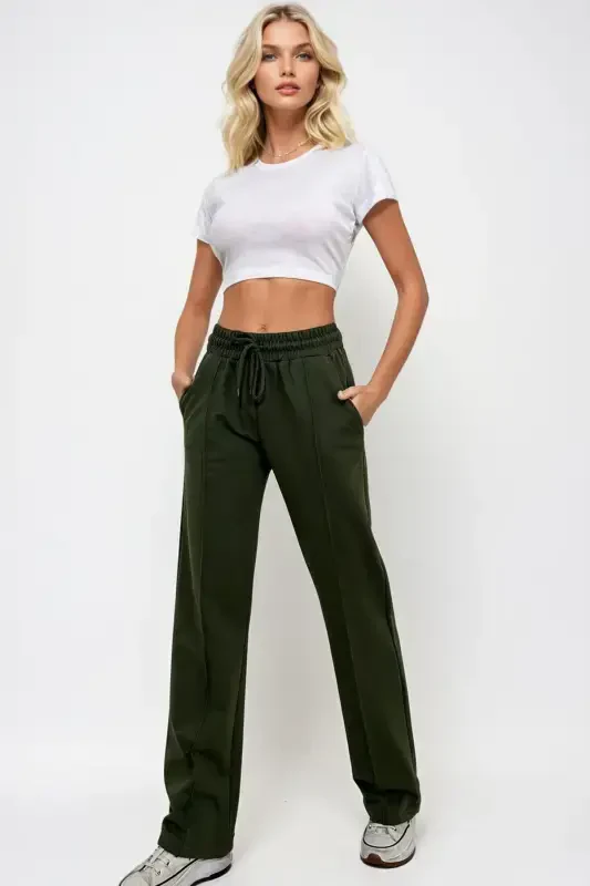 Women's Khaki High Waist Pin-Tuck Front Wide Leg Double Pocket Sweatpants ALC-X7957-Khaki - TREND ALAÇATI STILI